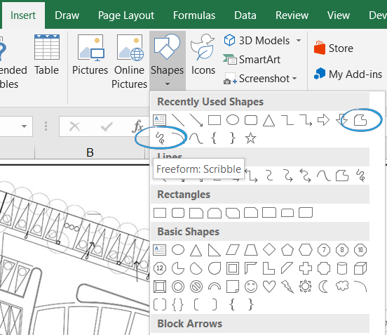 how to add shapes in excel 2018